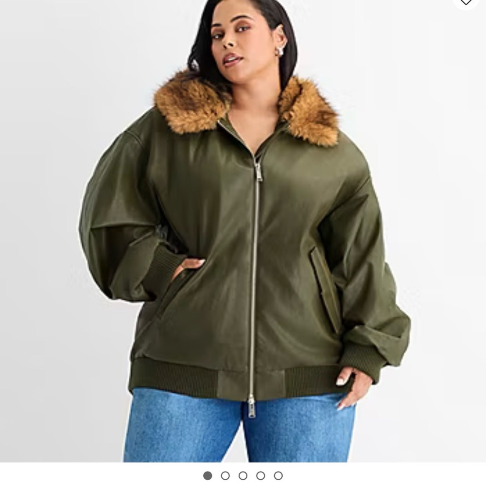 Ashley Graham Olive Jacket with Faux Fur Trim